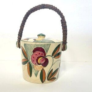 Vintage Japanese Biscuit Cookie Jar Rattan Handle Lidded Vibrant Floral
